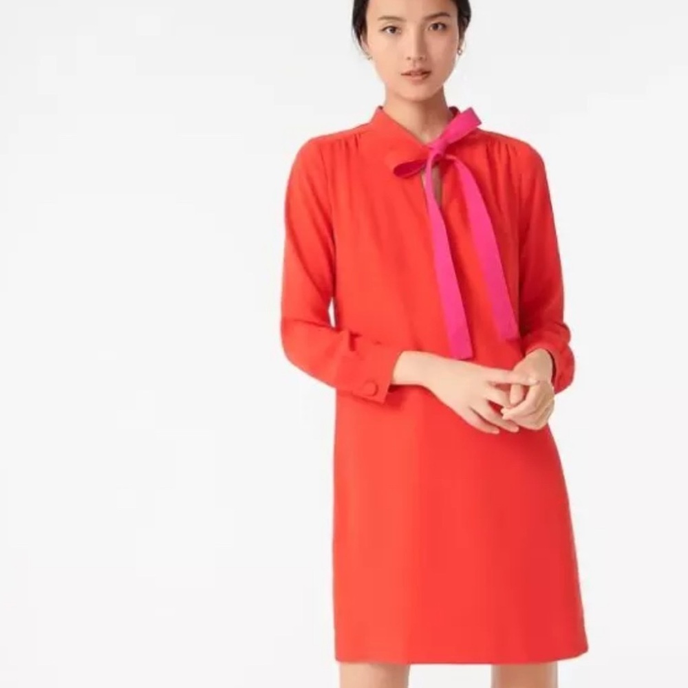 J. Crew Red Long Sleeve Shift Dress with Pink Neck Tie